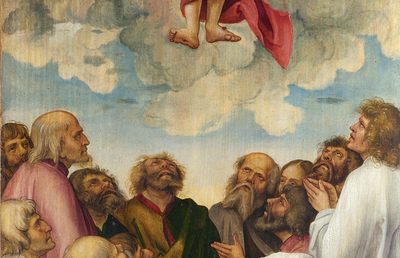 Sehr plastisch ist diese Darstellung von Hans Süß von Kulmbach aus dem frühen 16. Jahrhundert: Von Jesus sind während der Himmelfahrt nur mehr die Beine zu sehen.